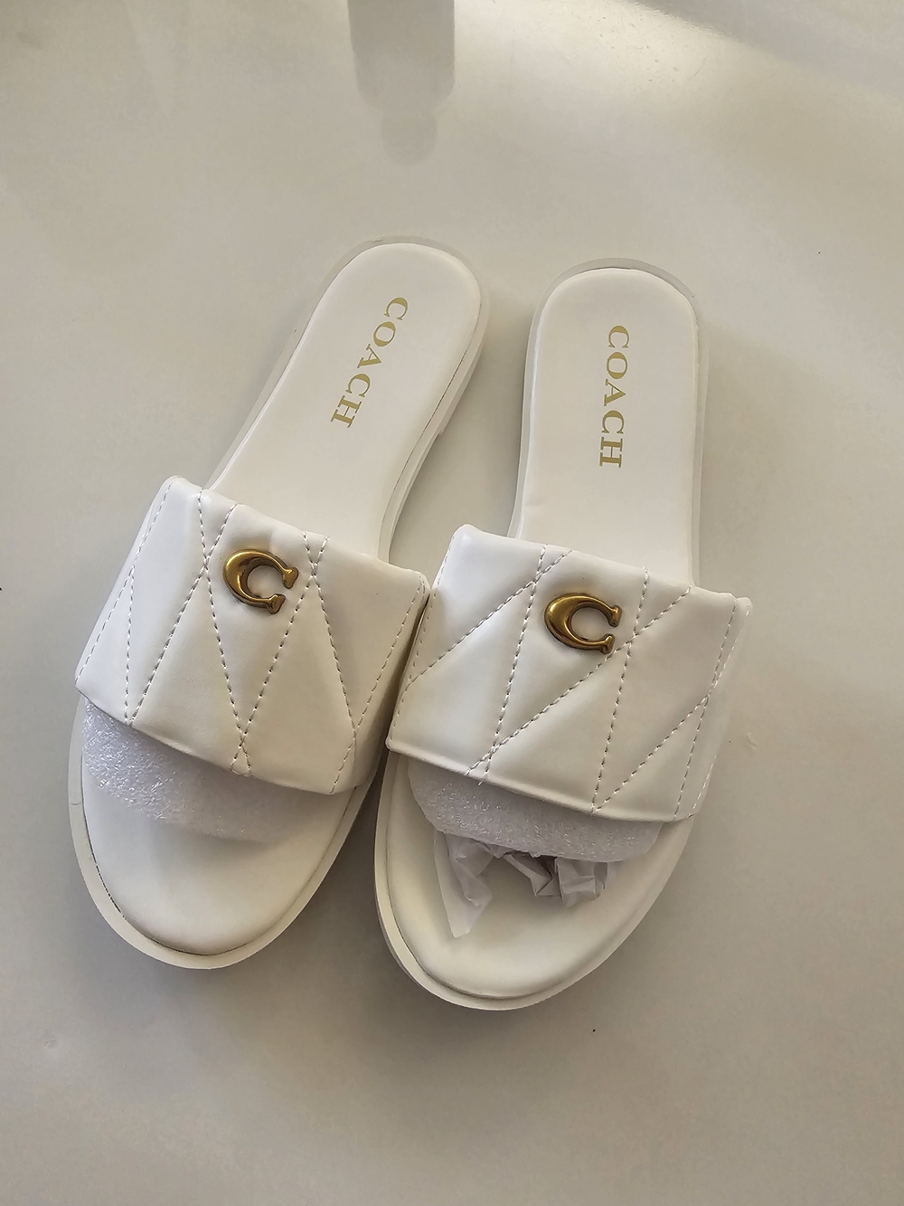 Coach Women's White Quilted Slide Sandals with Gold Accent - Picture 3 of 5
